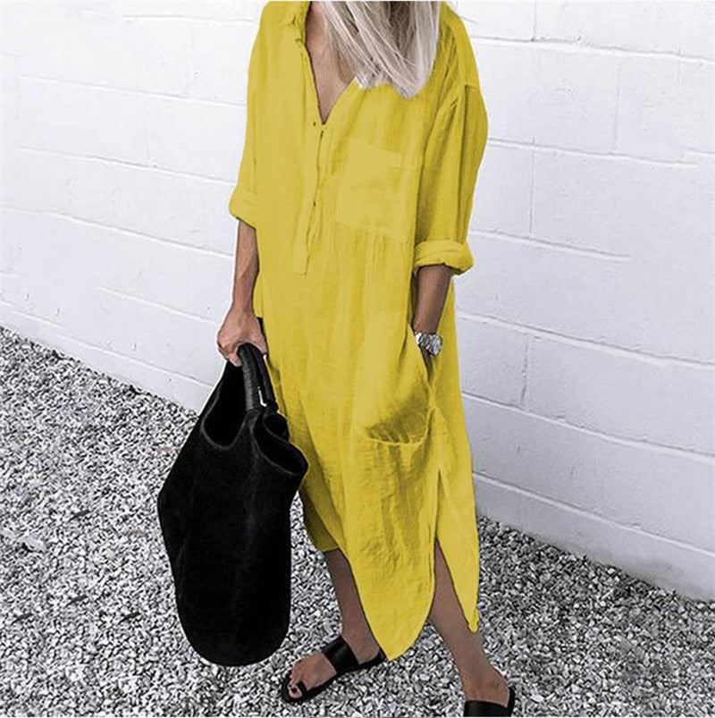 ParGrace Lapel Button Long Sleeve Side Split Dresses