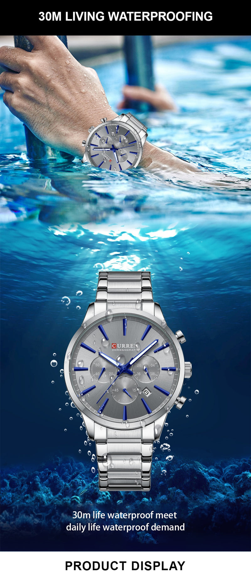 CURREN Quartz Watches  New  Stainless Steel Strap with Luminous Hands Chronograph