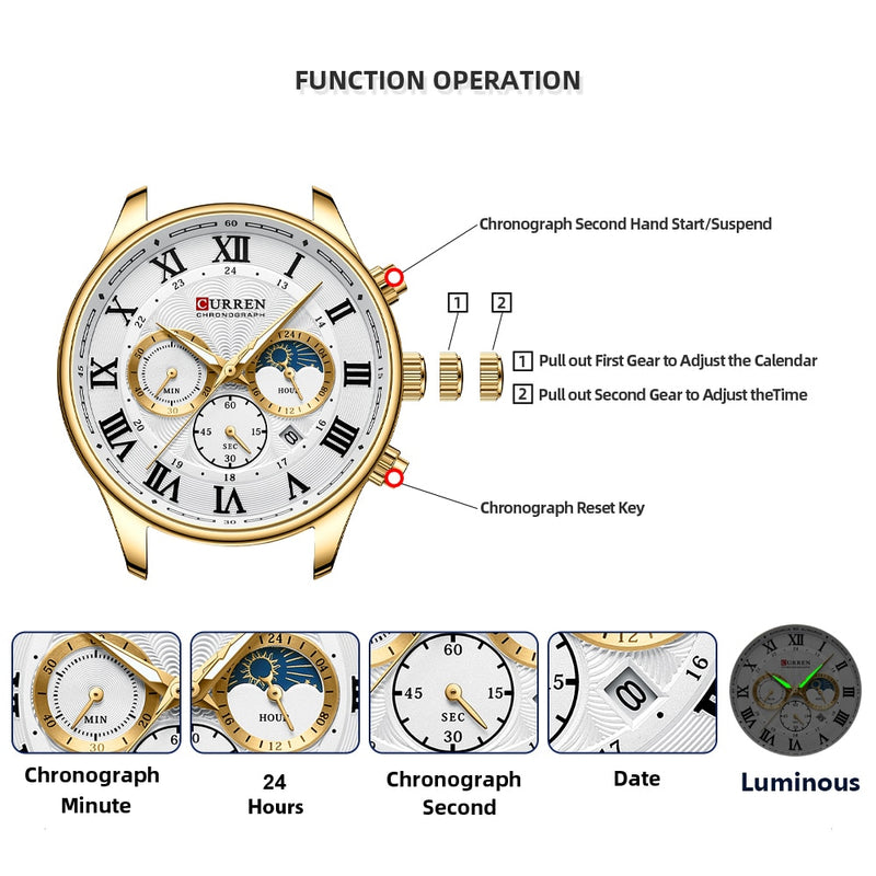 CURREN  Sports Chronograph Wrist watches  Stainless Steel Strap with Auto Date