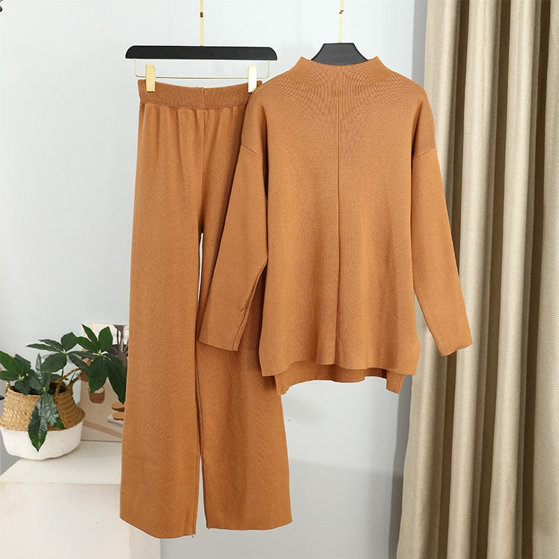 ParGrace Knitted Women Trousers Suit Two Piece Set
