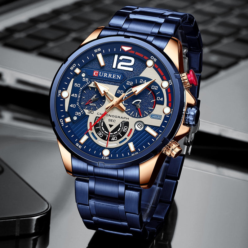 CURREN  Sport Quartz Chronograph Wristwatches Luxury Stainless Steel Clock with Luminous