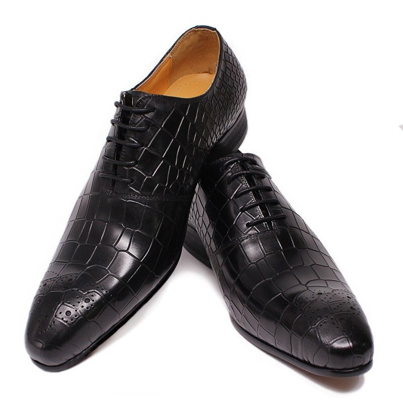Real Leather Black Red Crocodile Print Lace Up Pointed Toe Office Wedding 