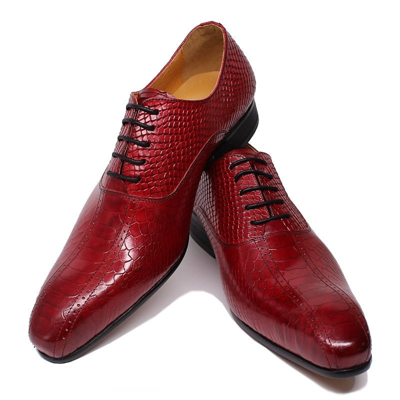 ParGrace Handmade  Genuine Leather Shoes  Black Red Lace Up Pointed Toe Snake Prints
