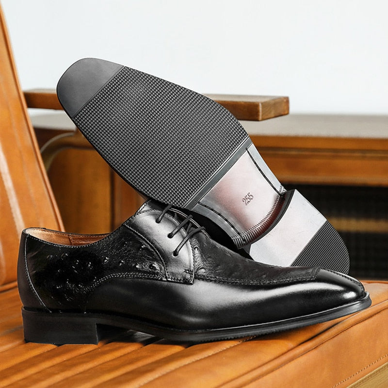 ParGrace Genuine Leather Derby Men Shoes Ostrich Pattern  Classic Design