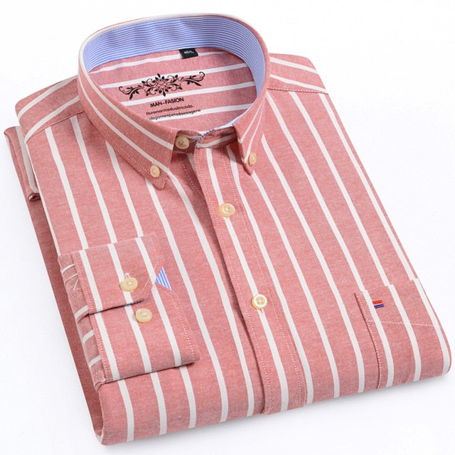 Regular-Fit Long-Sleeve Sturdy Knit Oxford Tops Shirt Plaid Striped Embroidered Pocket