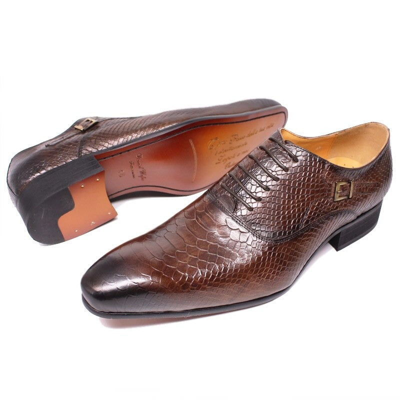 ParGrace Luxury Men Leather Shoes Snake Skin Print Pointed Toe Lace Up Oxford