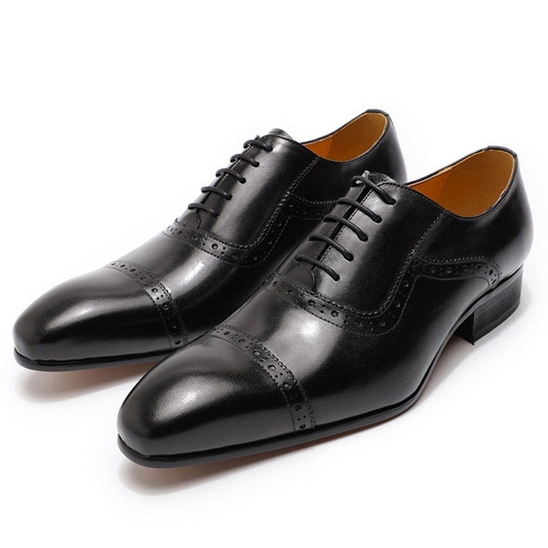 Black Pointed Cap Toe Lace Up Oxford Genuine Leather