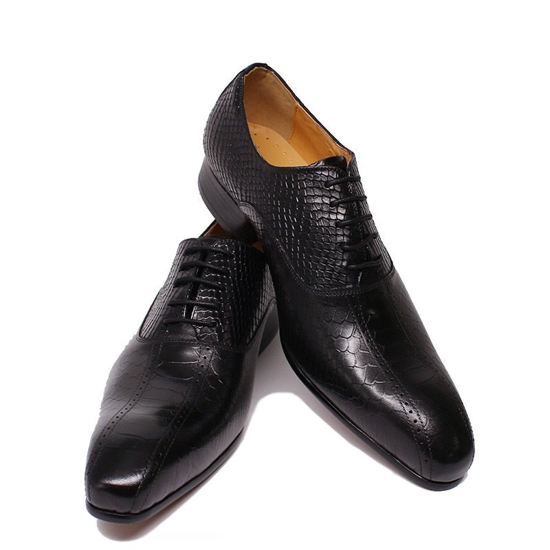 ParGrace Handmade  Genuine Leather Shoes  Black Red Lace Up Pointed Toe Snake Prints