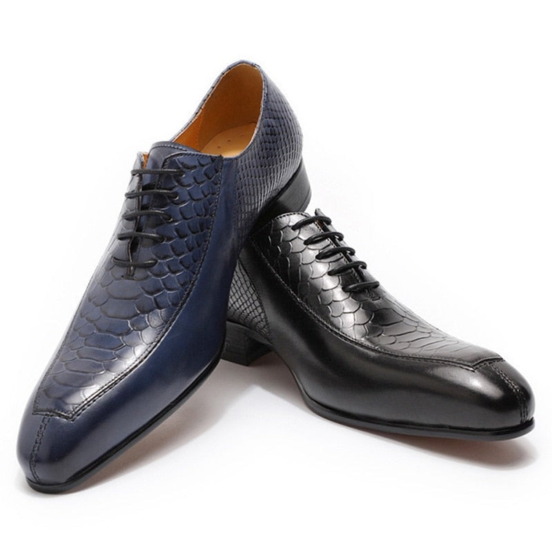 Luxury Man Genuine Leather Shoes Snake Skin Prints Formal Black Blue Lace Up