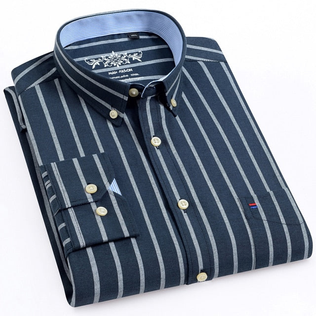 Regular-Fit Long-Sleeve Sturdy Knit Oxford Tops Shirt Plaid Striped Embroidered Pocket