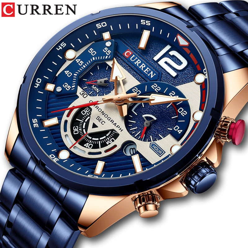 CURREN  Sport Quartz Chronograph Wristwatches Luxury Stainless Steel Clock with Luminous