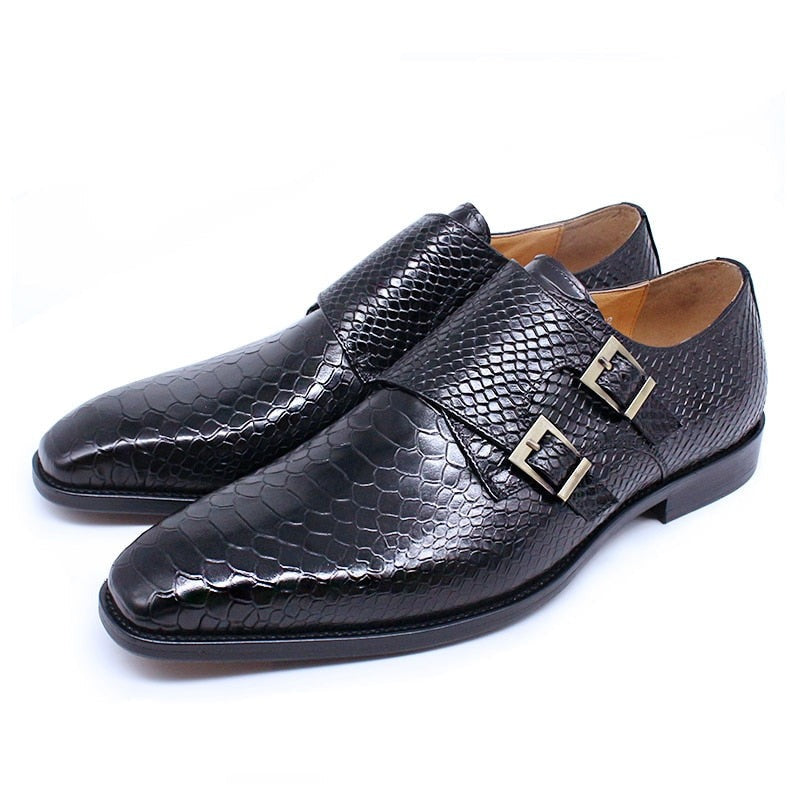 ParGrace Leather Loafers Shoes Snake Print  Monk Strap Slip on Buckle