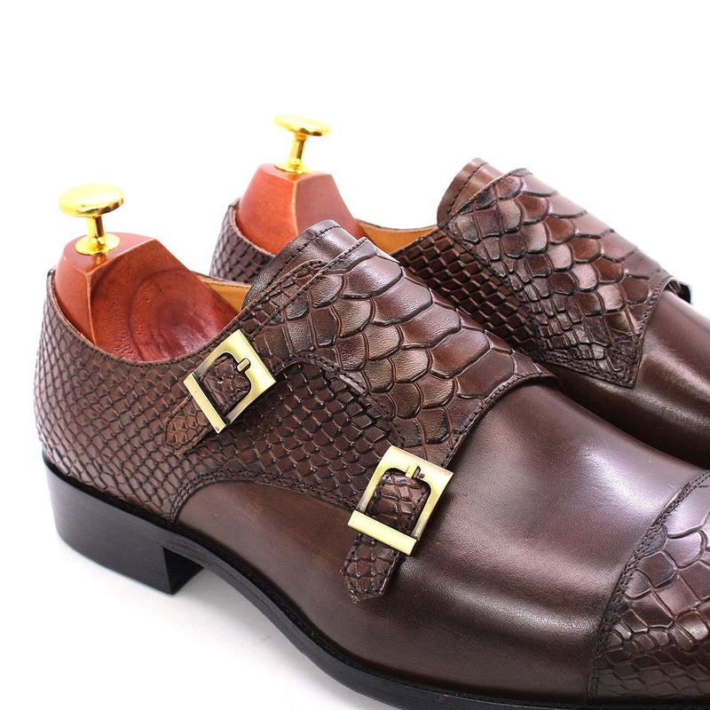 ParGrace Genuine Leather Double Buckle Monk Strap Snake Print Cap Toe