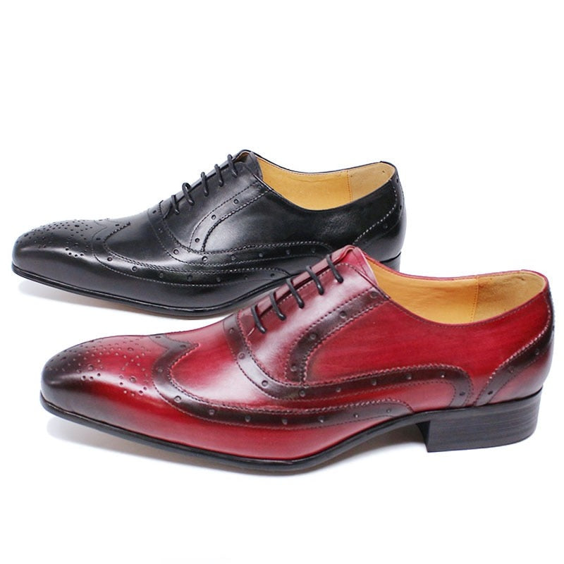 Oxford Black Red Male Formal Shoes Pointed Wingtip Lace Up