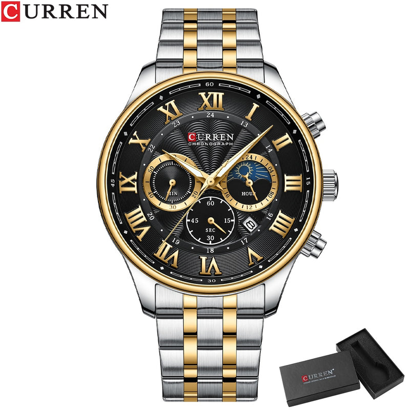 CURREN  Sports Chronograph Wrist watches  Stainless Steel Strap with Auto Date