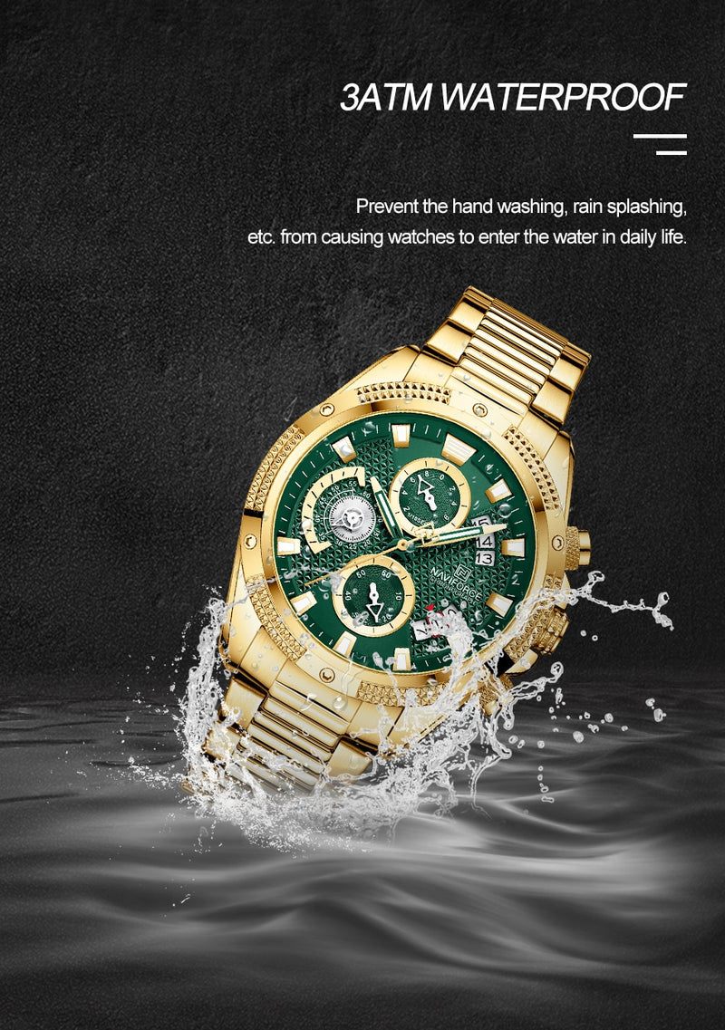 NAVIFORCE  Gold Fashion Quartz Clock Analog Chronograph Waterproof