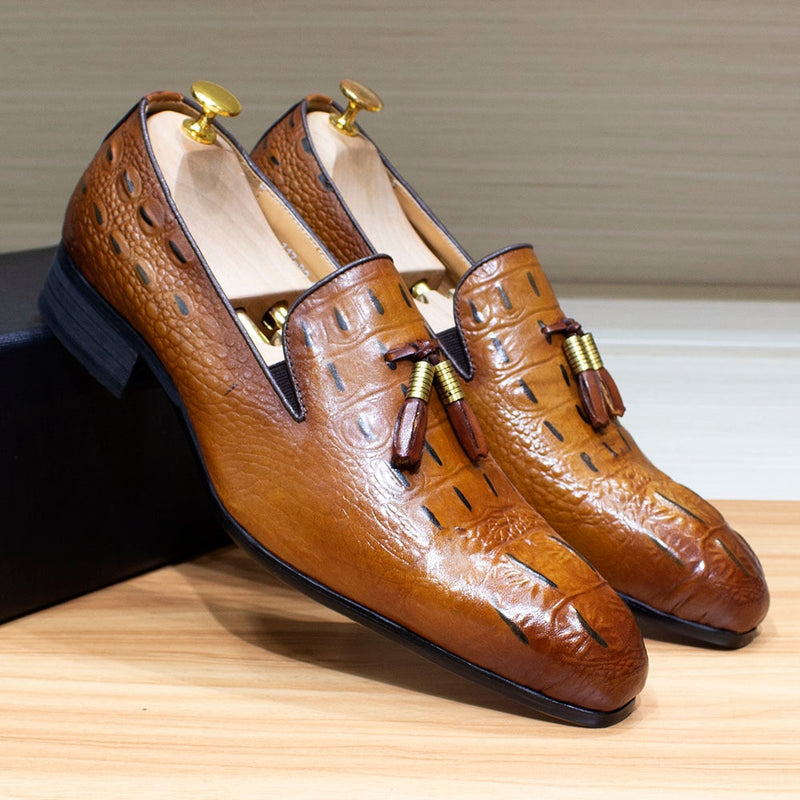 ParGrace Tassel Loafer Genuine Leather Crocodile Prints