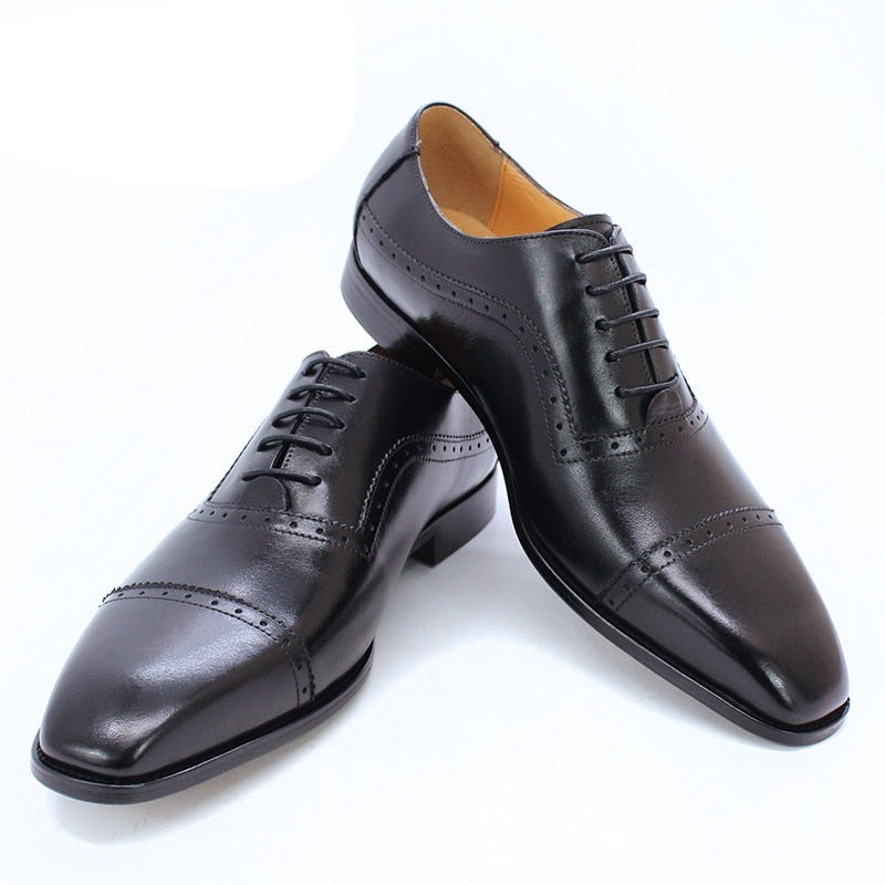 Elegant Men Oxford Shoes Brogue Genuine Leather Black Brown Classic Cap Toe