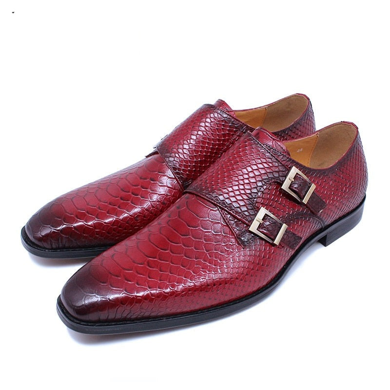 ParGrace Leather Loafers Shoes Snake Print  Monk Strap Slip on Buckle