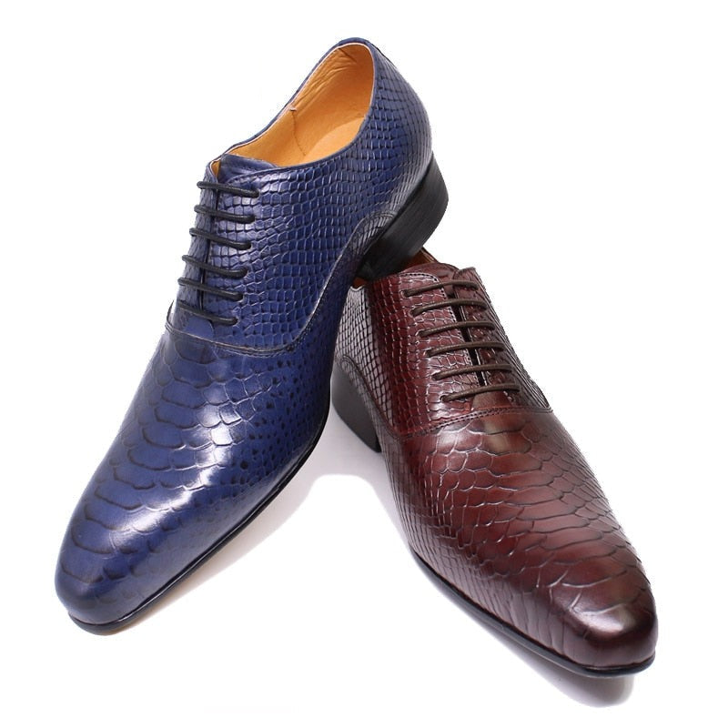 ParGrace Luxury Men Leather Shoes Snake Skin Print Pointed Toe Lace Up Oxford
