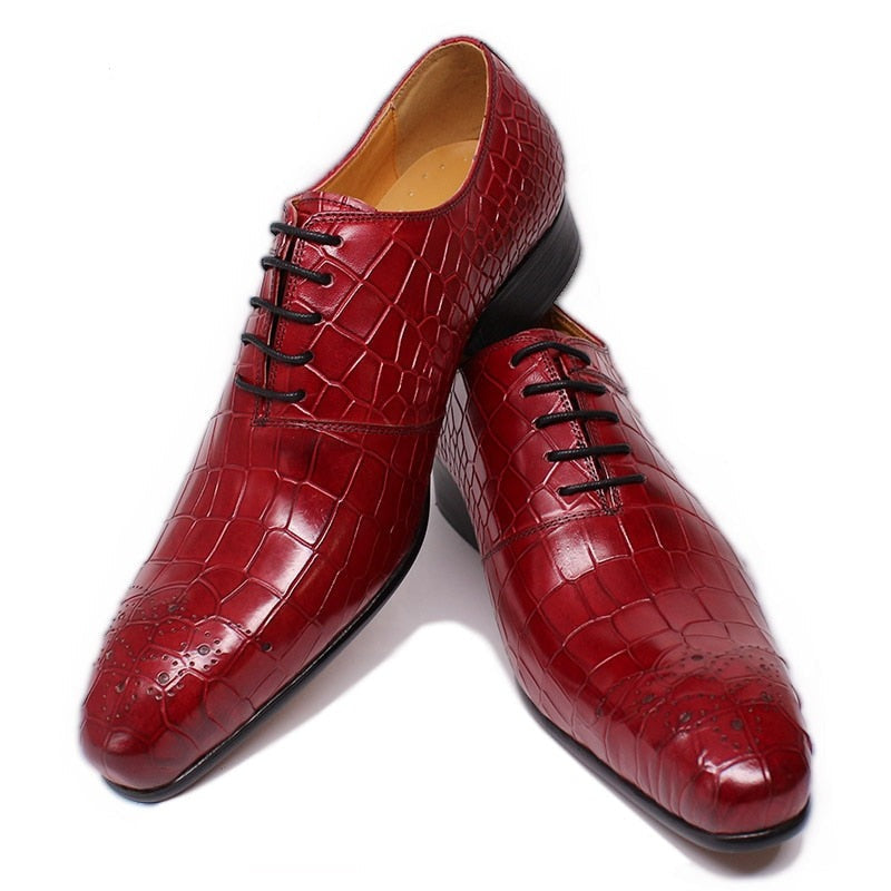 Real Leather Black Red Crocodile Print Lace Up Pointed Toe Office Wedding 