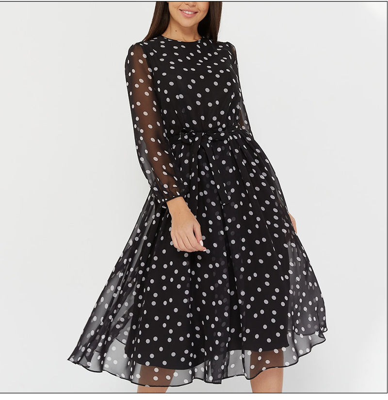 ParGrace  Long Sleeve Polka Dress O Neck Chiffon A Line