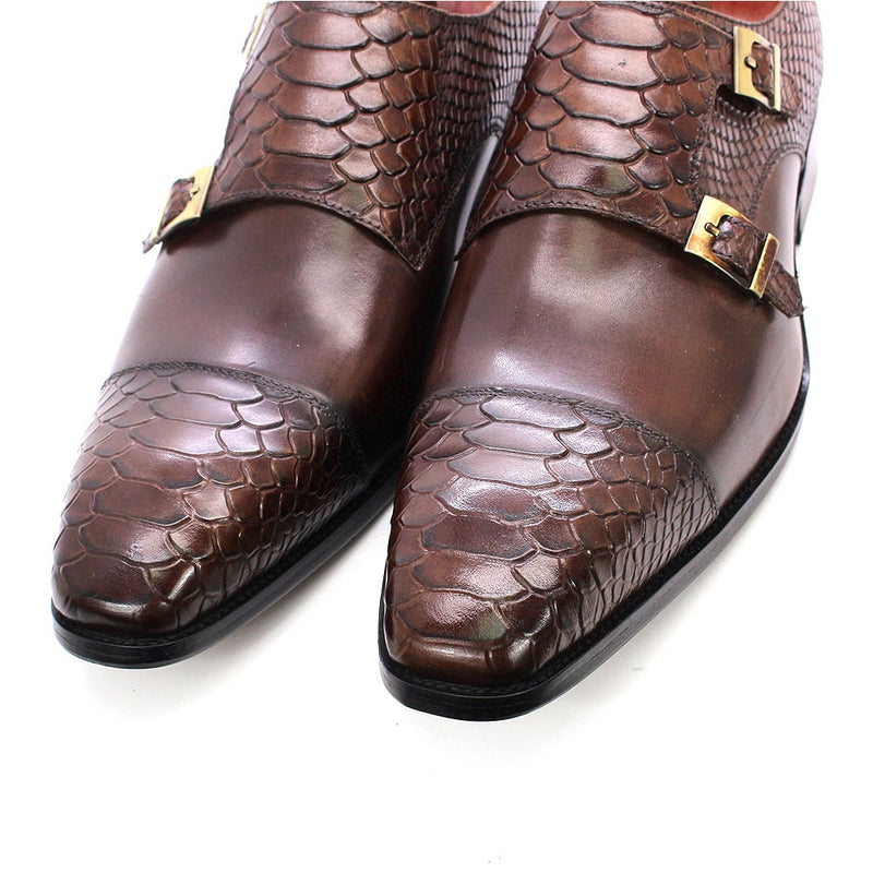 ParGrace Genuine Leather Double Buckle Monk Strap Snake Print Cap Toe