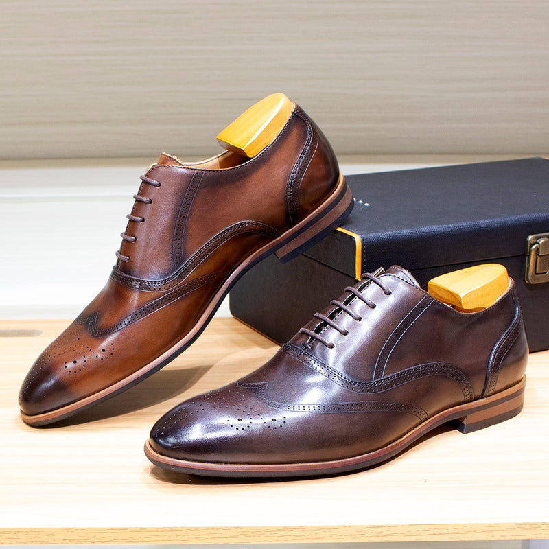 ParGrace Wingtip Oxford Genuine Leather Dress Shoes Handmade Lace Up