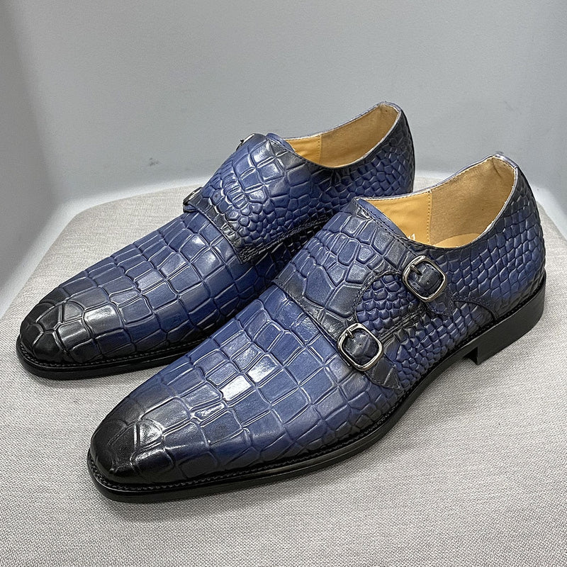 Real Leather Pointed Toe Double Buckles Alligator Parrint  Formal Business