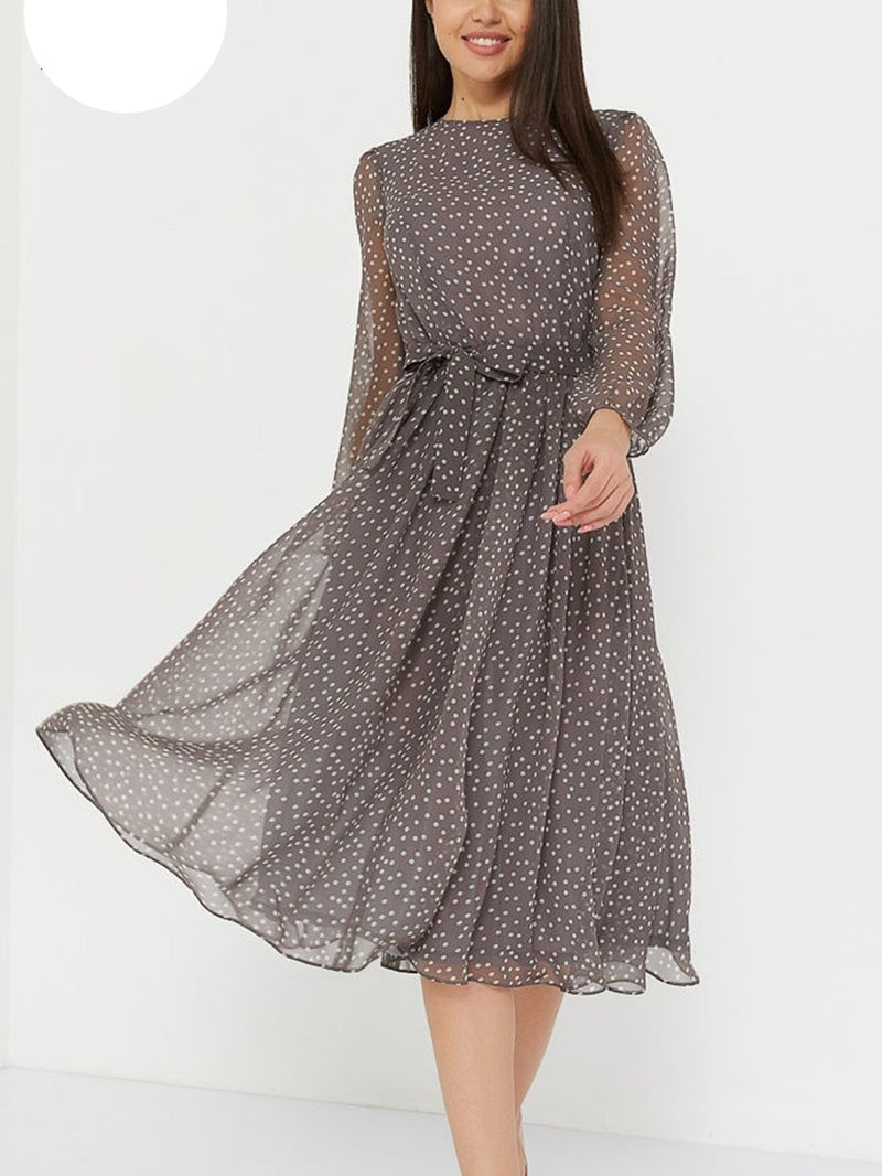 ParGrace  Long Sleeve Polka Dress O Neck Chiffon A Line