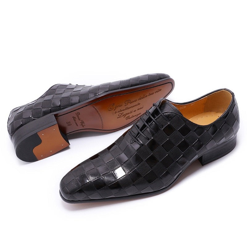 ParGrace Italian Leather  Fashion Plaid Print Lace-Up Oxford Shoes