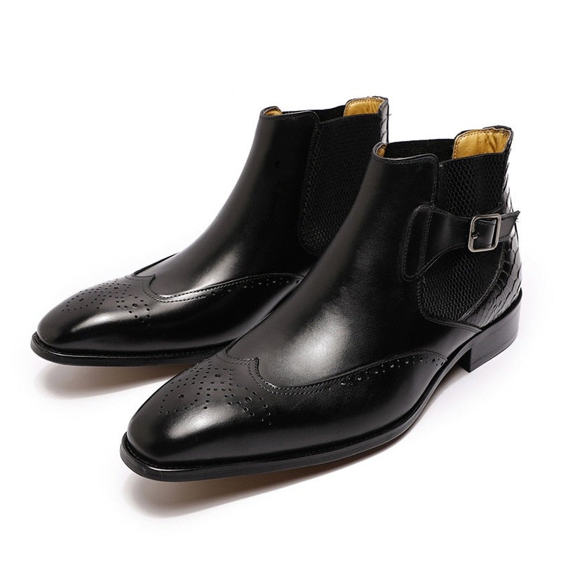 ParGrace Luxury Chelsea Boots Genuine Leather On Buckle Strap Wingtip