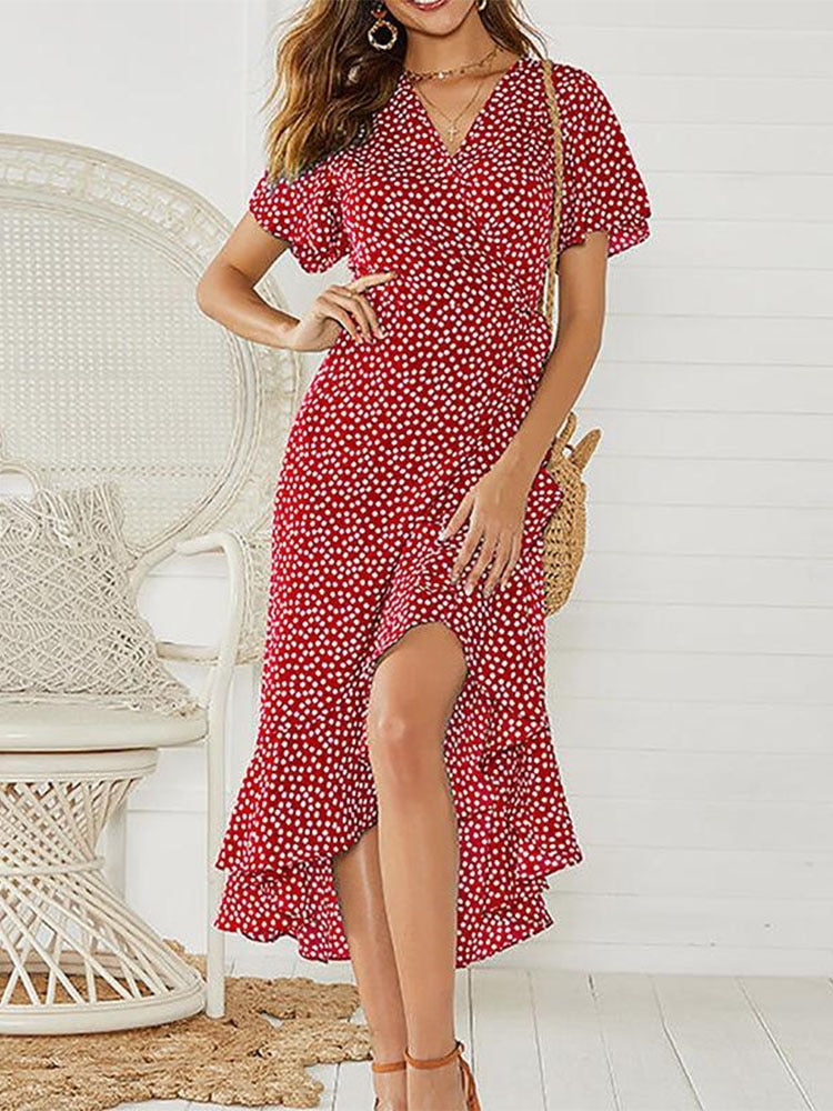 ParGrace Floral Print Boho Long Chiffon Dress Ruffles Wrap Casual V-Neck Split