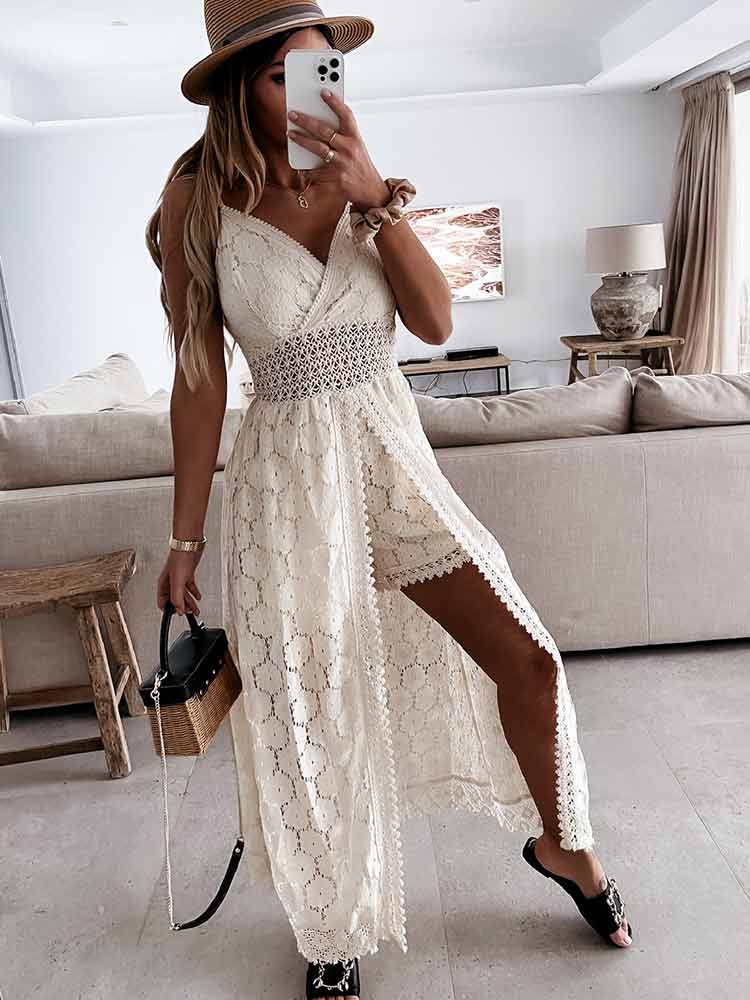 ParGrace Lady Off Shoulder Lace V Neck Spaghetti Strap Sundress