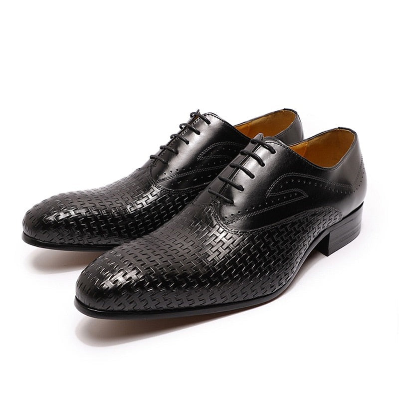 Italian Luxury Geometric Prints Lace Up Pointed Wedding Leather Oxford Shoes