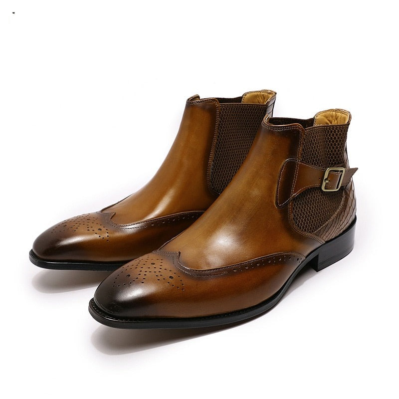 ParGrace Luxury Chelsea Boots Genuine Leather On Buckle Strap Wingtip