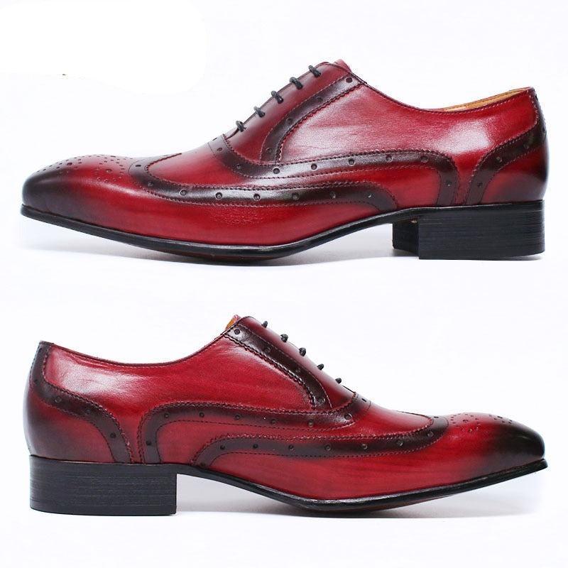 Oxford Black Red Male Formal Shoes Pointed Wingtip Lace Up