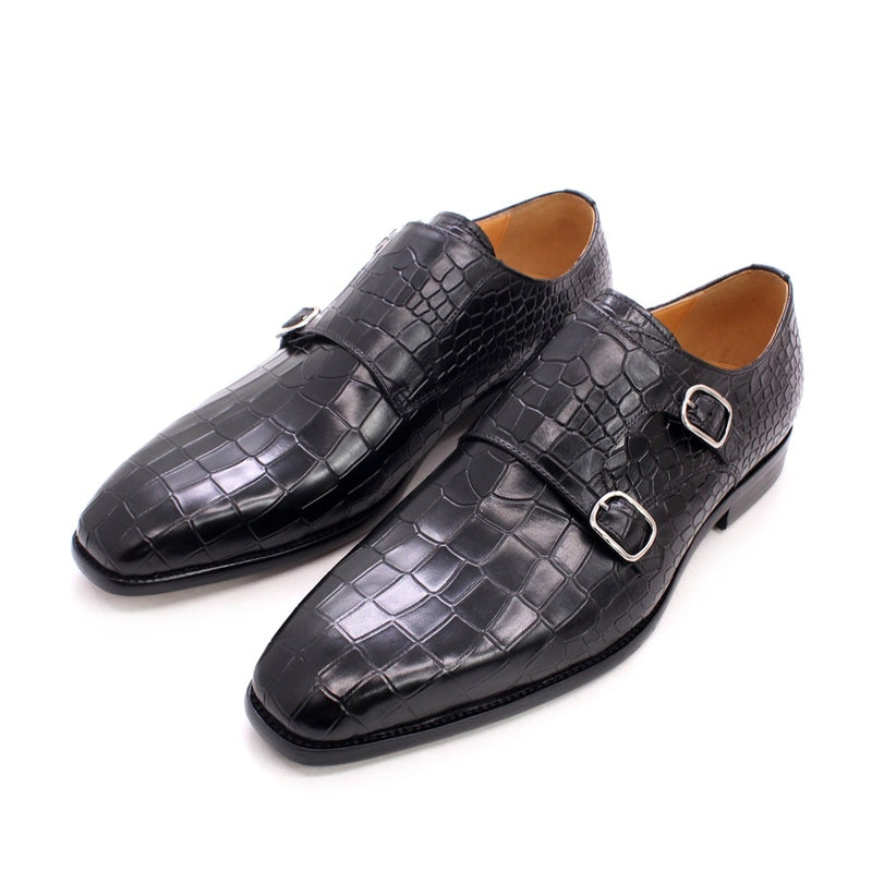 Real Leather Pointed Toe Double Buckles Alligator Parrint  Formal Business