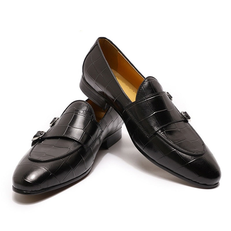 ParGrace Luxury Loafers Genuine Leather Double Monk Strap Slip on Pointed Toe