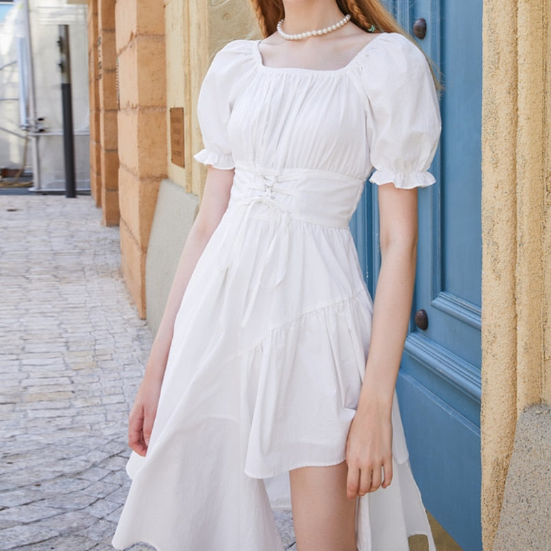 ParGrace  Elegant Vintage Puff Sleeve Midi Dress Square Collar Bandage