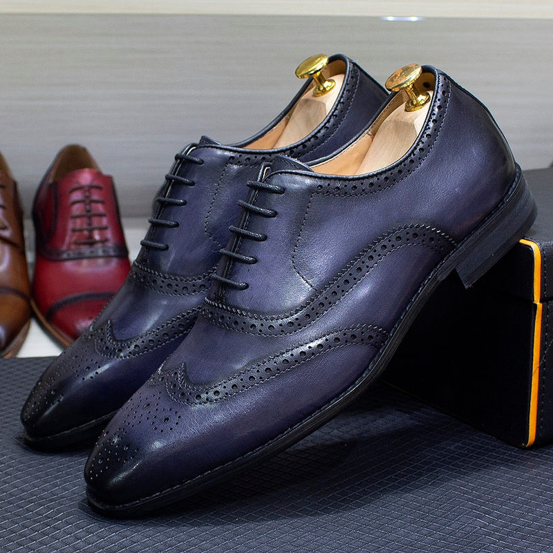 ParGrace Genuine Calfskin Leather Handmade Wingtip Oxford