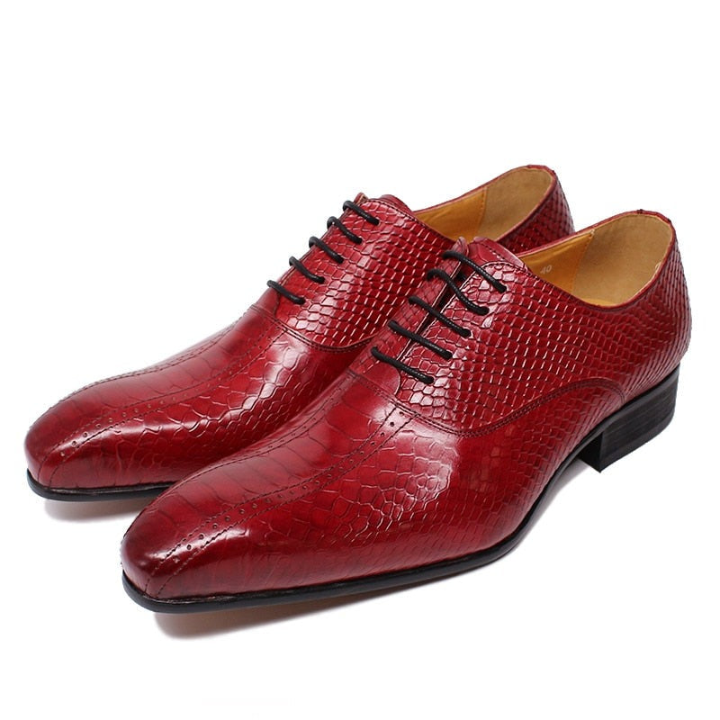ParGrace Handmade  Genuine Leather Shoes  Black Red Lace Up Pointed Toe Snake Prints