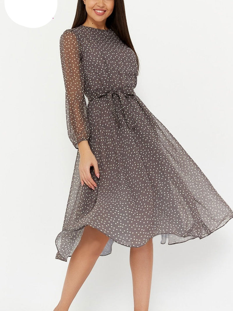 ParGrace  Long Sleeve Polka Dress O Neck Chiffon A Line