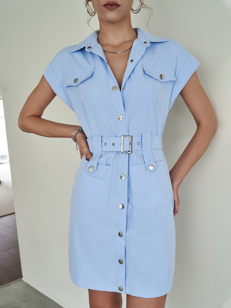 ParGrace shirt dress short sleeve office dress women Single breasted belt