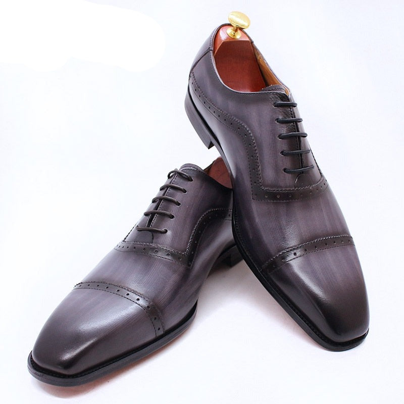 Elegant Men Oxford Shoes Brogue Genuine Leather Black Brown Classic Cap Toe