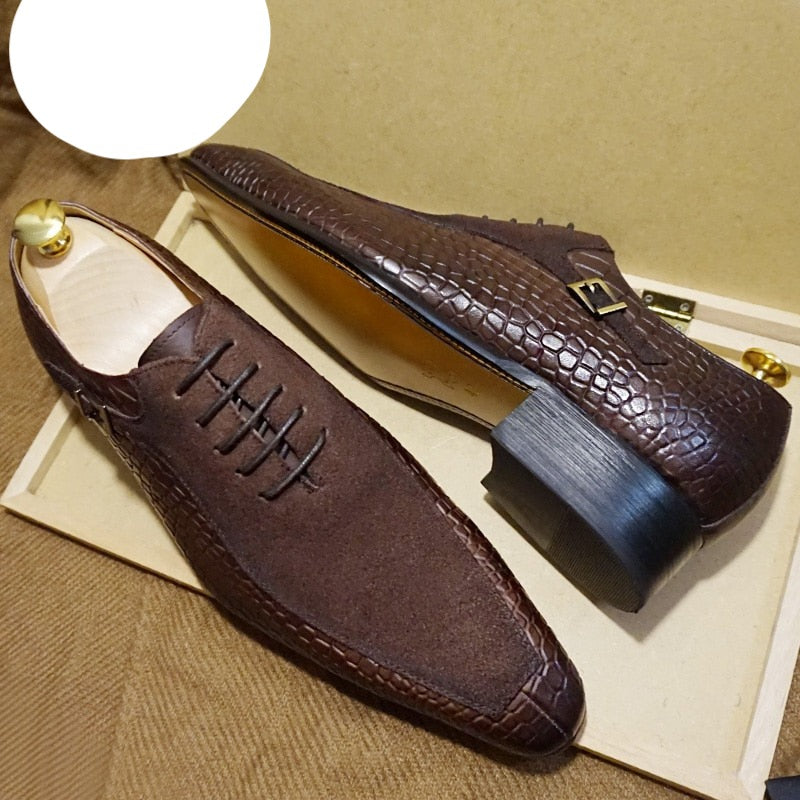 Celeo Oxford Shoes Lace up Split Toe Suede Patchwork Crocodile prints Leather