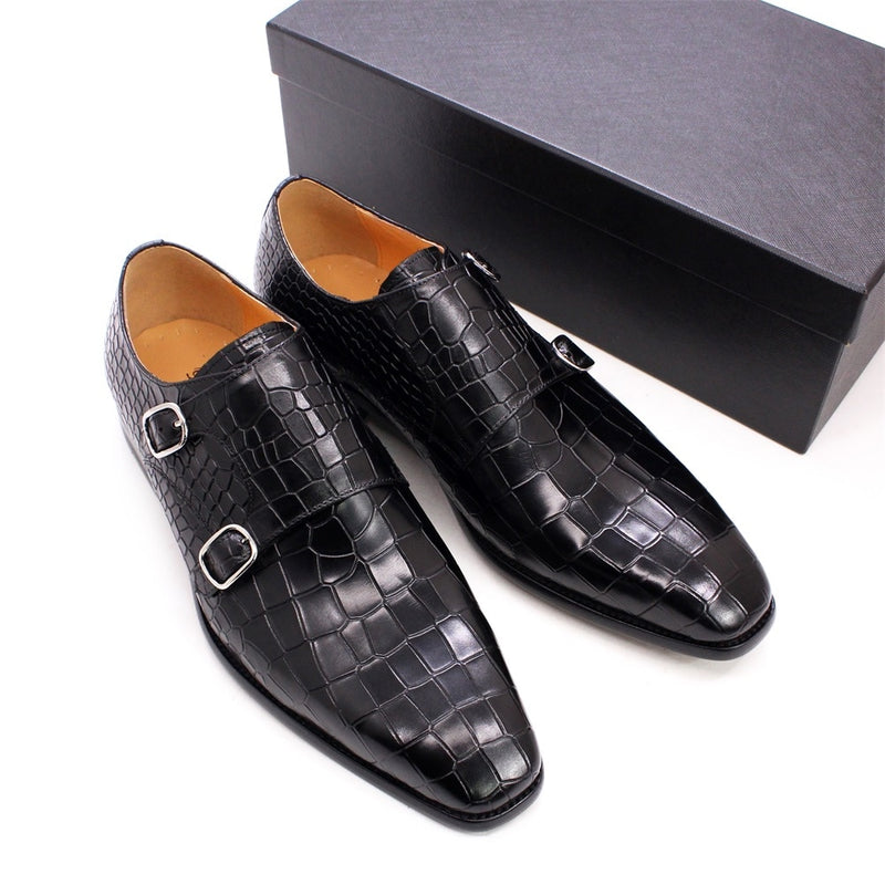 Real Leather Pointed Toe Double Buckles Alligator Parrint  Formal Business