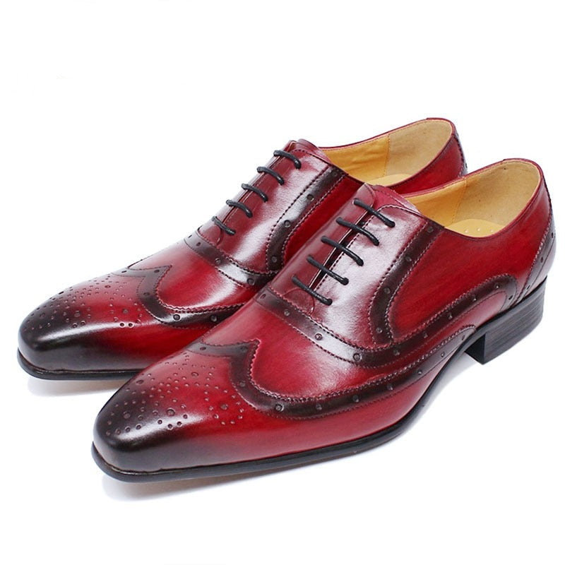 Oxford Black Red Male Formal Shoes Pointed Wingtip Lace Up