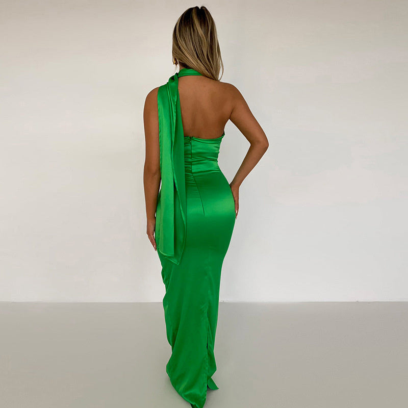 ParGrace Elegant Satin Backless Maxi Dress for  Women