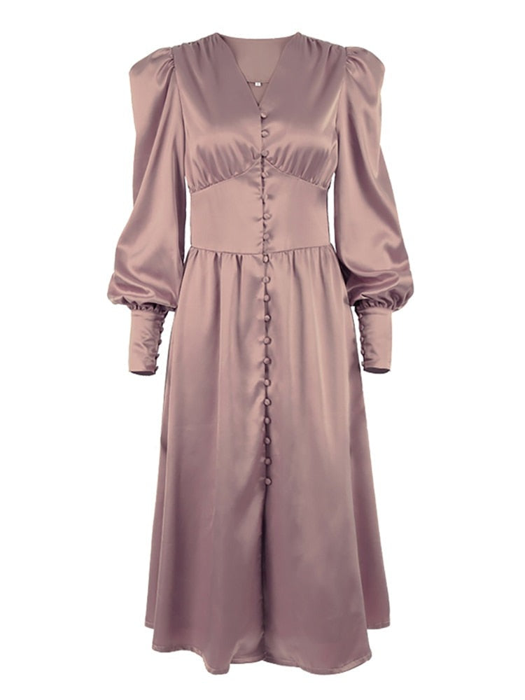 ParGrace Single Breasted Elegantand  High Waist Satin  Dress